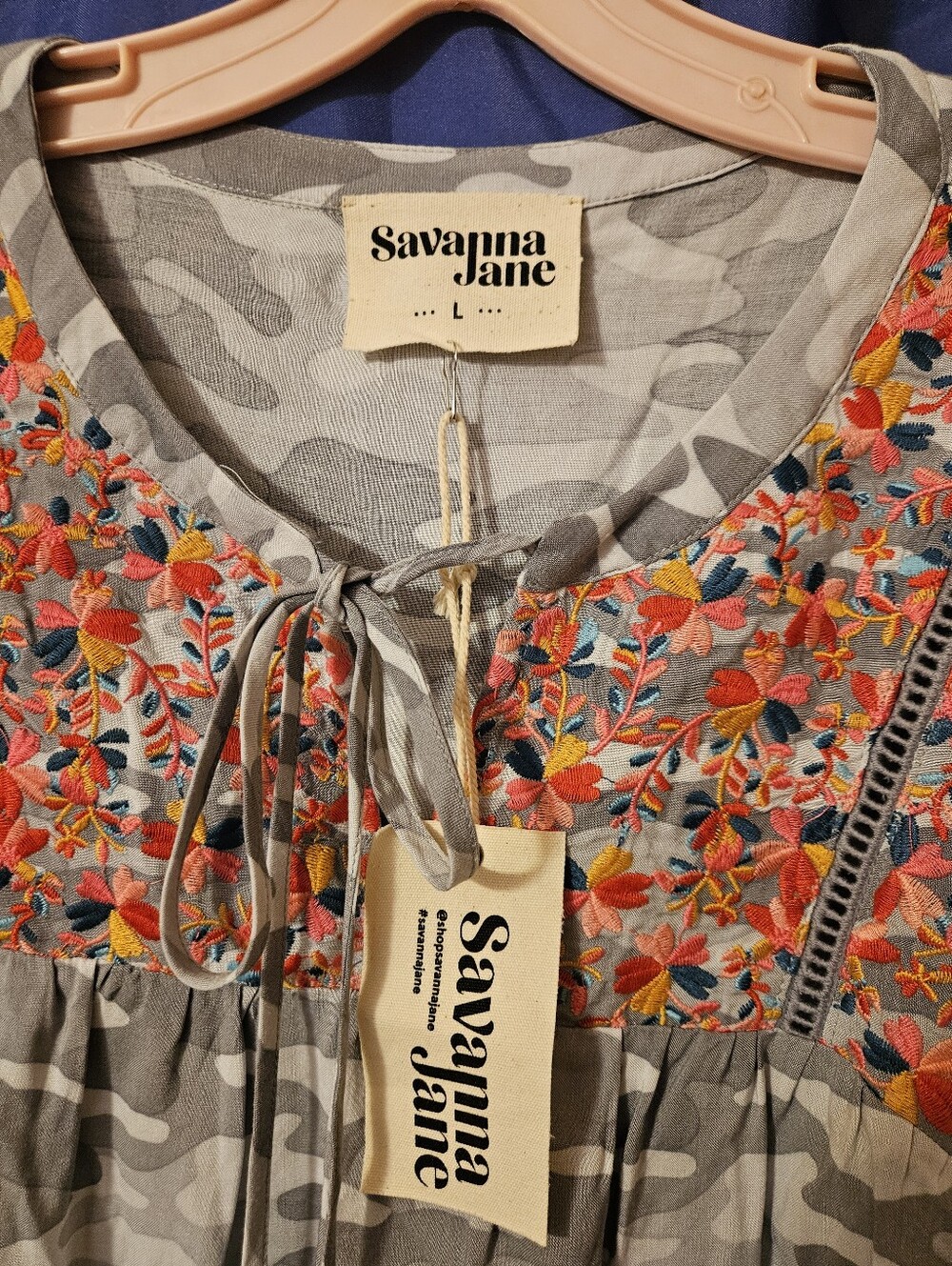 Savanna Jane Gray Camo Tunic with Bright Floral Lovely Embroidered Design - Picture 6 of 7